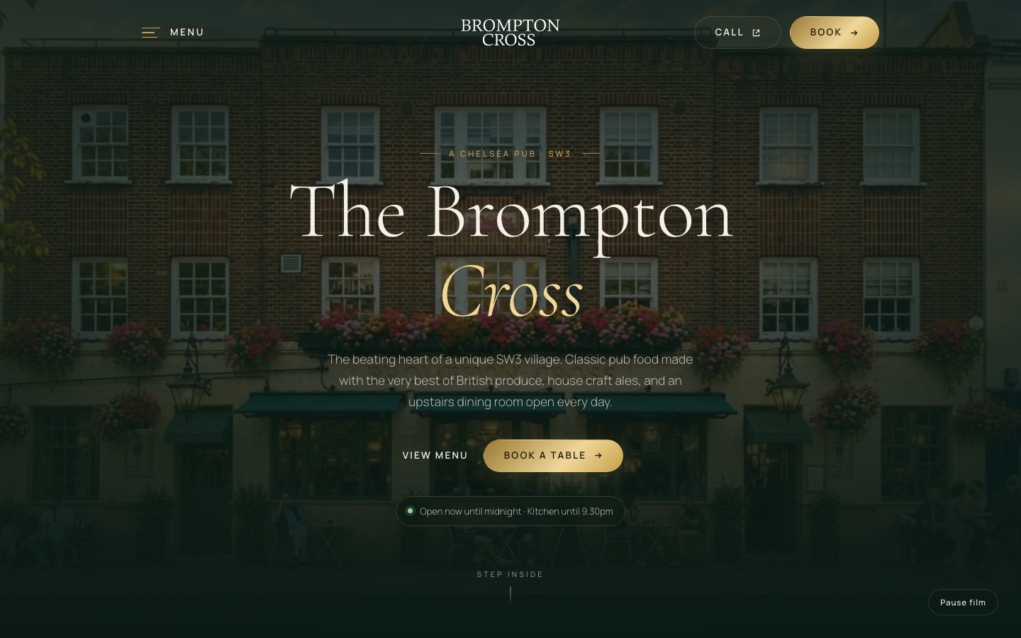 The Brompton Cross website: Chelsea pub frontage at dusk with Book a table button