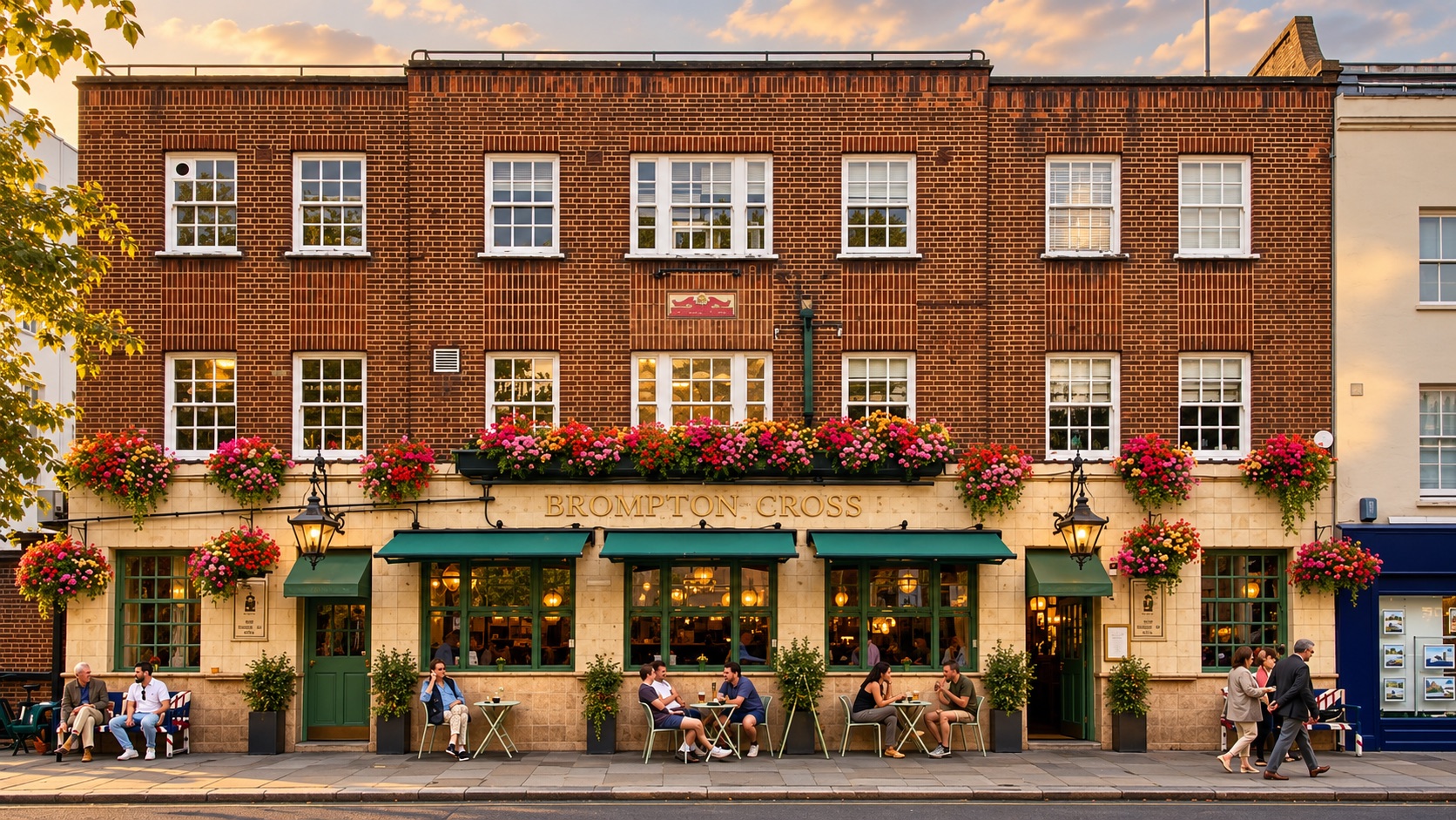 The Brompton Cross pub frontage on Brompton Road, with hanging baskets and green awnings