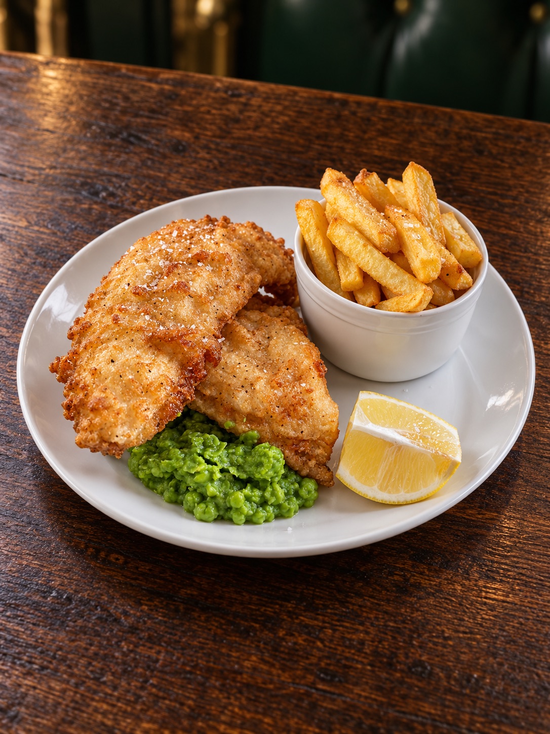 Beer-battered cod with chips and mushy peas